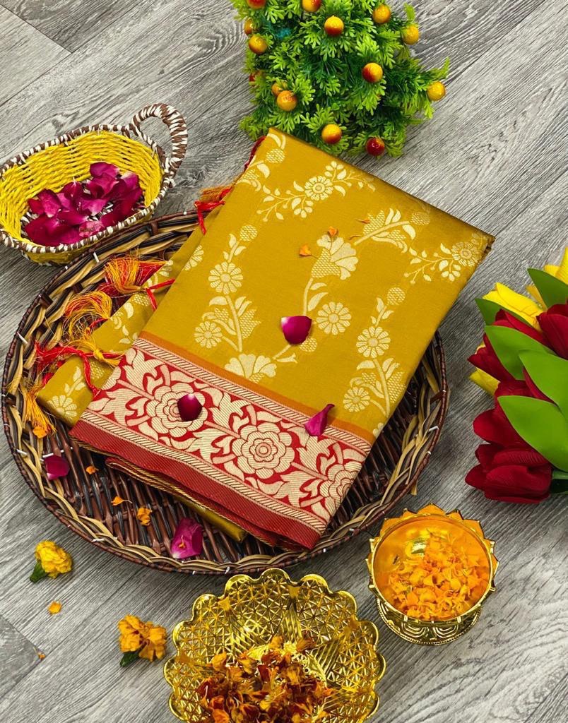 Yellow Printed Woven Design Kanjivaram Jacquard by Icultuer