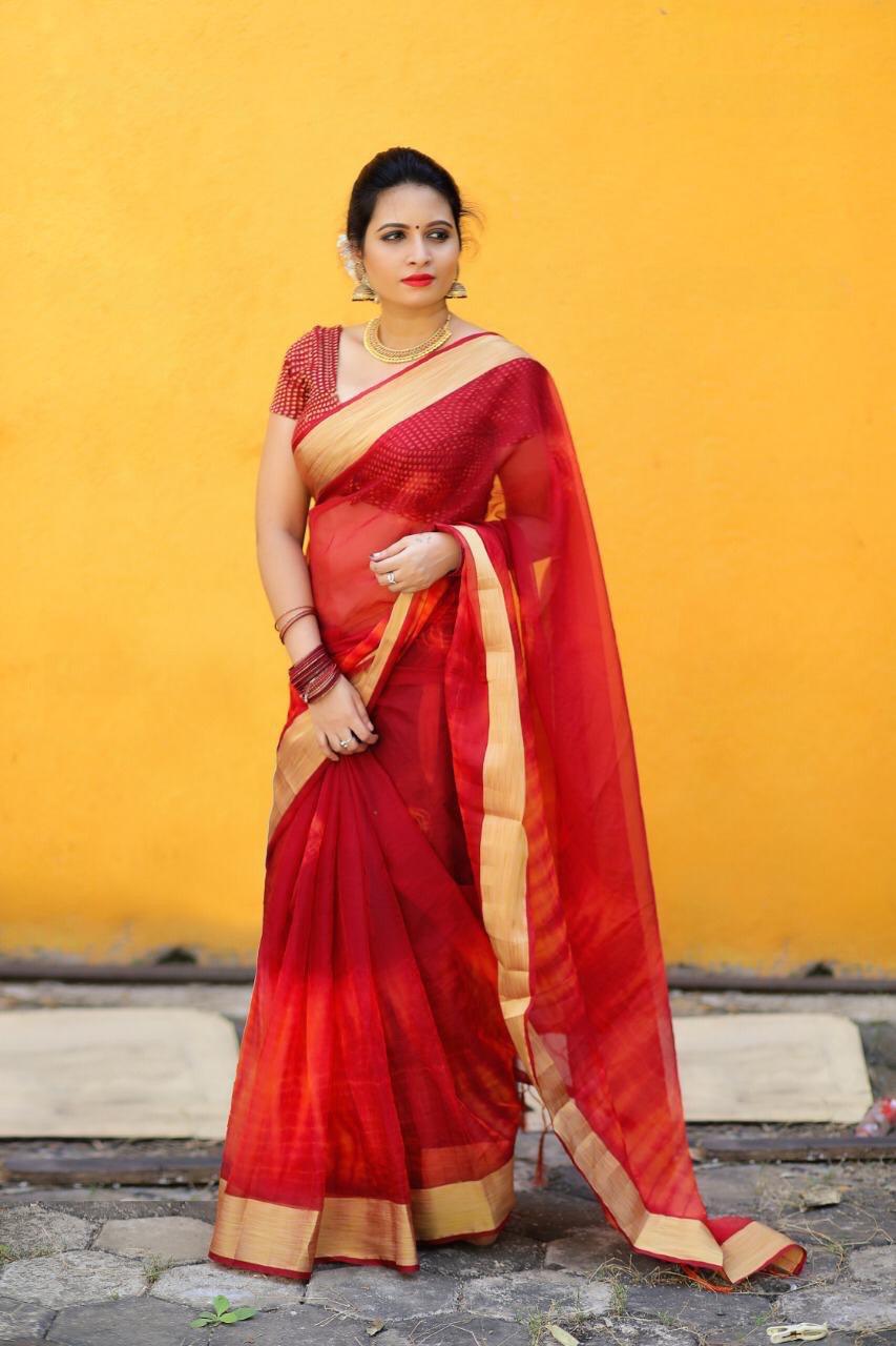 Red Satin Banglori Soft Organza by Icultuer for Women
