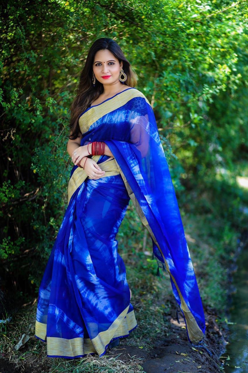 Blue Soft Organza by Icultuer with Jacquard Weaving Border