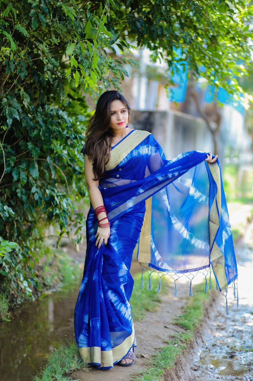 Blue Soft Organza by Icultuer with Jacquard Weaving Border