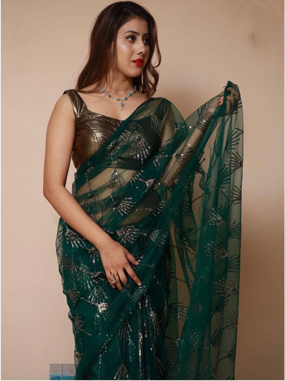 Dark Green Nylon Mono Net Sequence Work by Icultuer