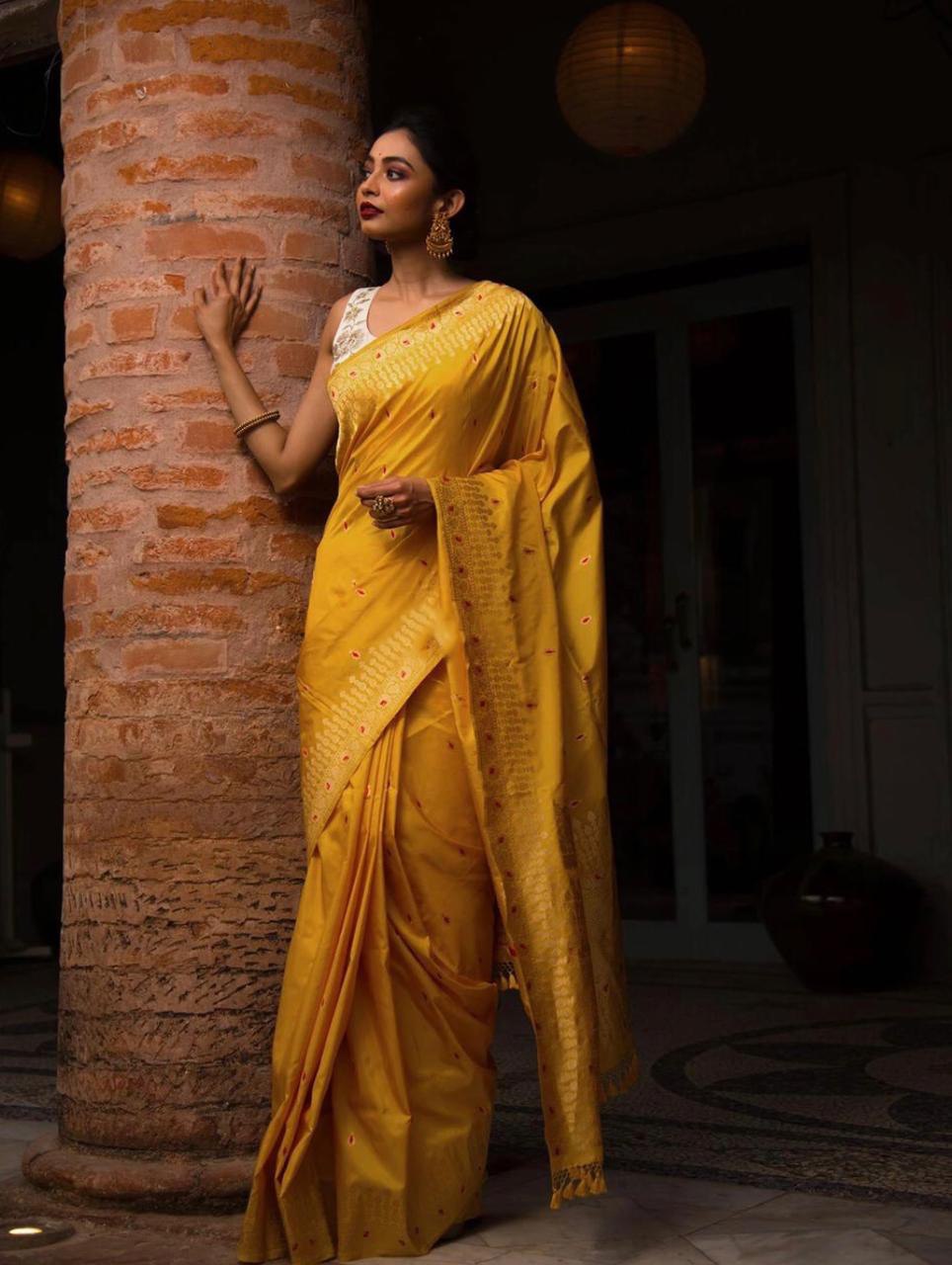 Yellow Zari Weaving Soft Silk Jacquard by Icultuer