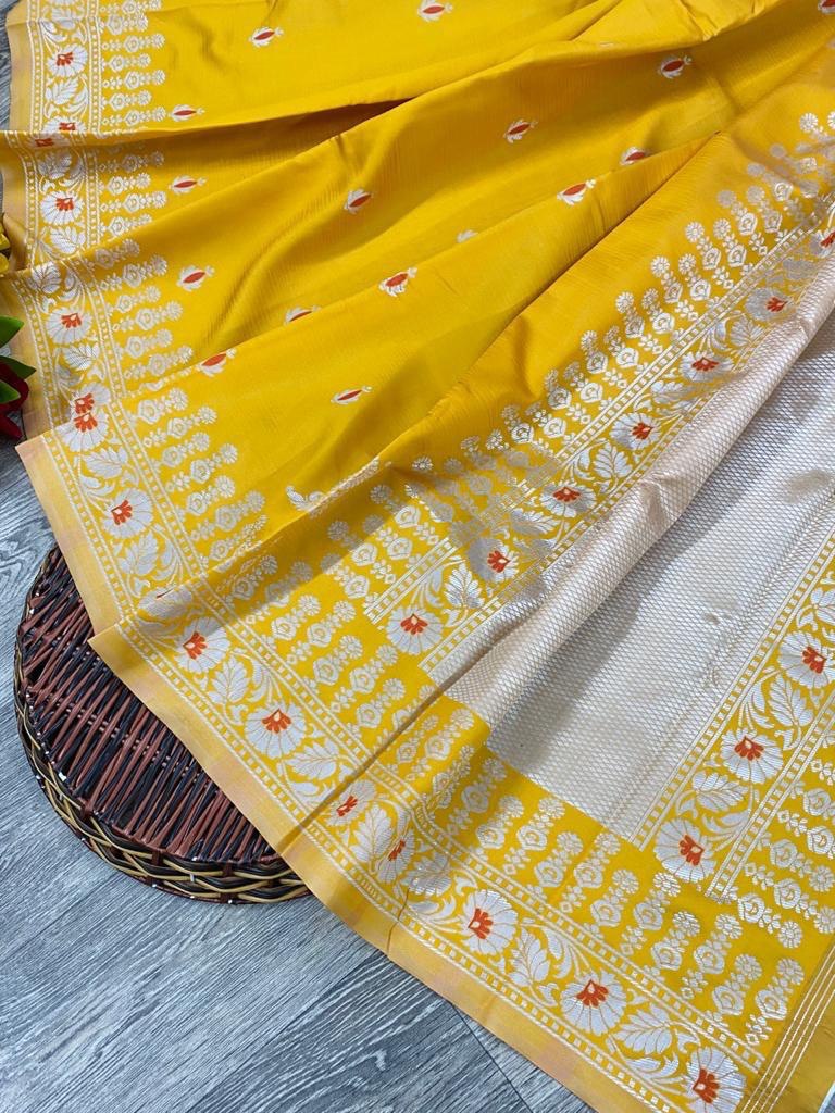 Yellow Zari Weaving Soft Silk Jacquard by Icultuer
