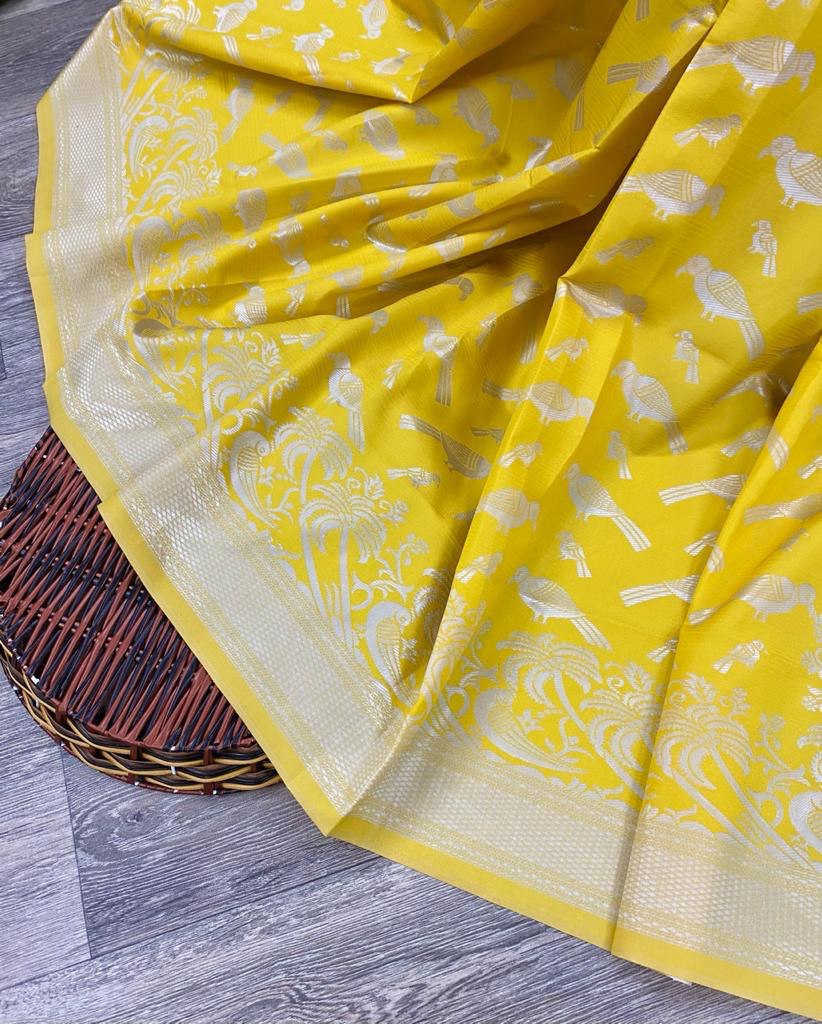 Yellow Pure Lichi Silk Zari Design by Icultuer