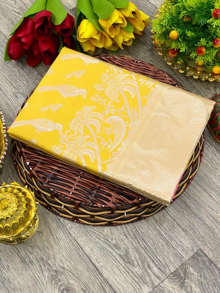 Yellow Pure Lichi Silk Zari Design by Icultuer