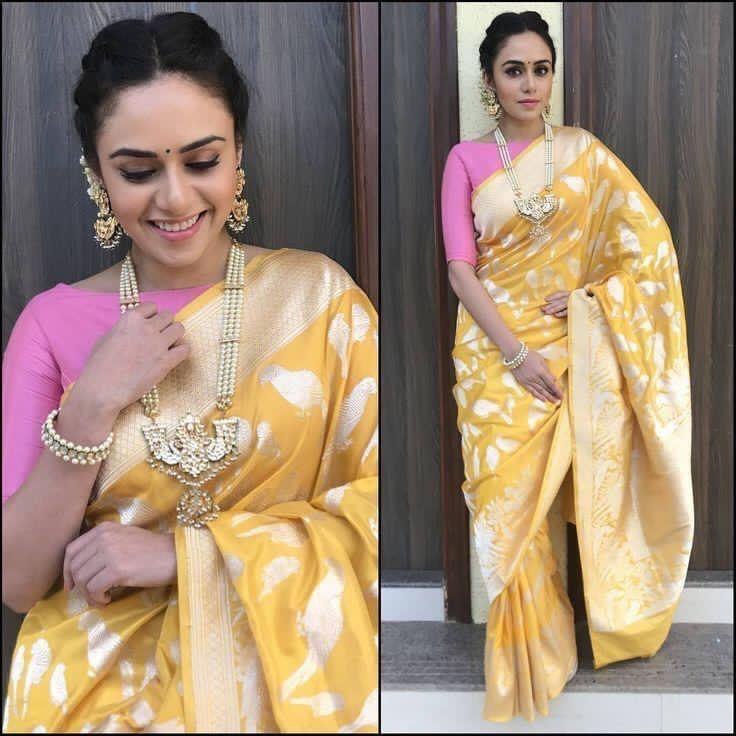 Yellow Pure Lichi Silk Zari Design by Icultuer