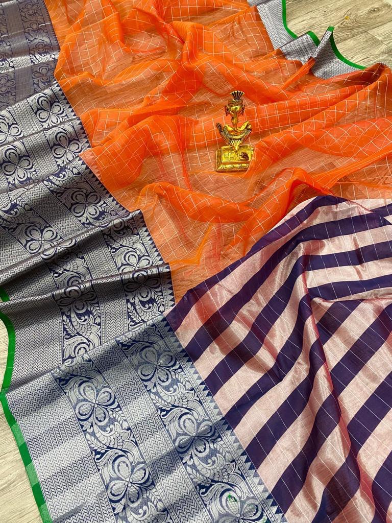 Multicolor Pure Silver Zari Weaving Soft Organza by Icultuer