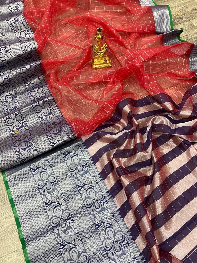 Multicolor Pure Silver Zari Weaving Soft Organza by Icultuer