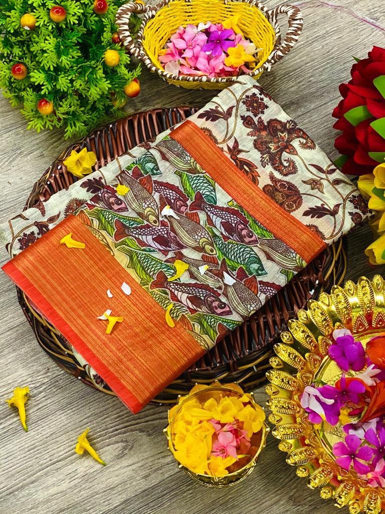 Linen Fabric Kalamkari Digital printed by Icultuer with Zari Border