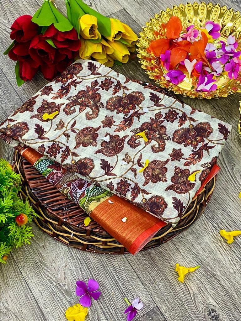 Linen Fabric Kalamkari Digital printed by Icultuer with Zari Border