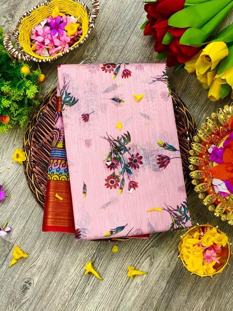 Linen Fabric Kalamkari Digital printed by Icultuer with Zari Border