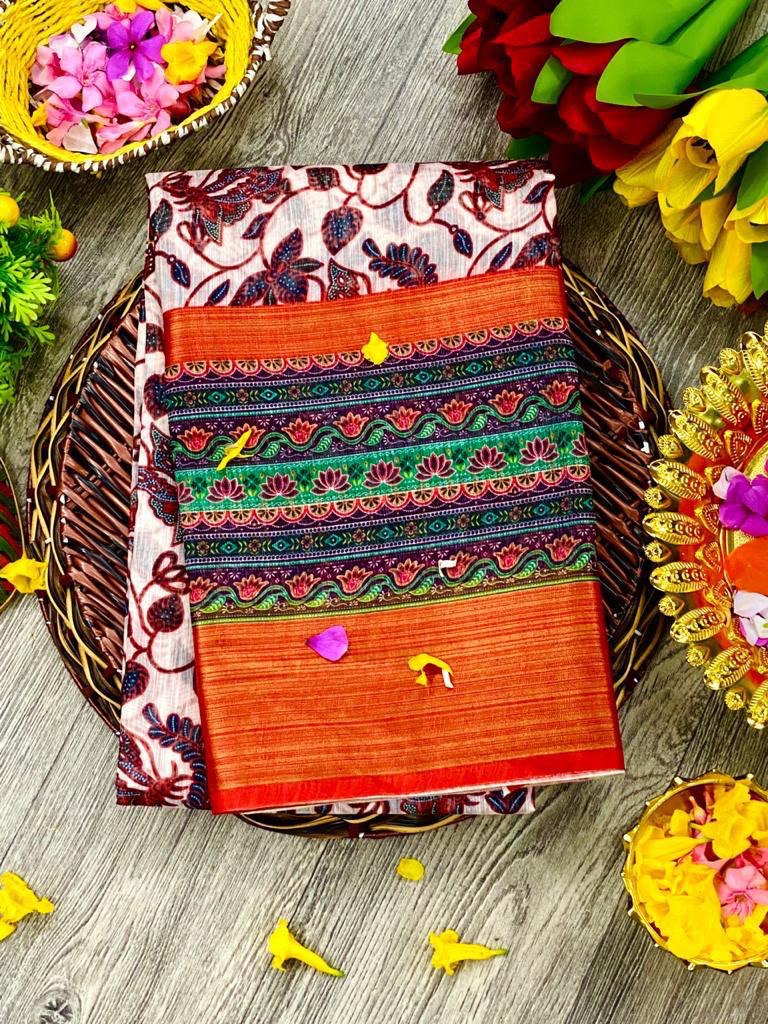 Linen Fabric Kalamkari Digital printed by Icultuer with Zari Border