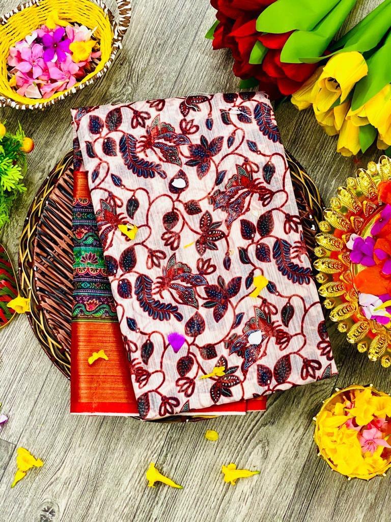 Linen Fabric Kalamkari Digital printed by Icultuer with Zari Border