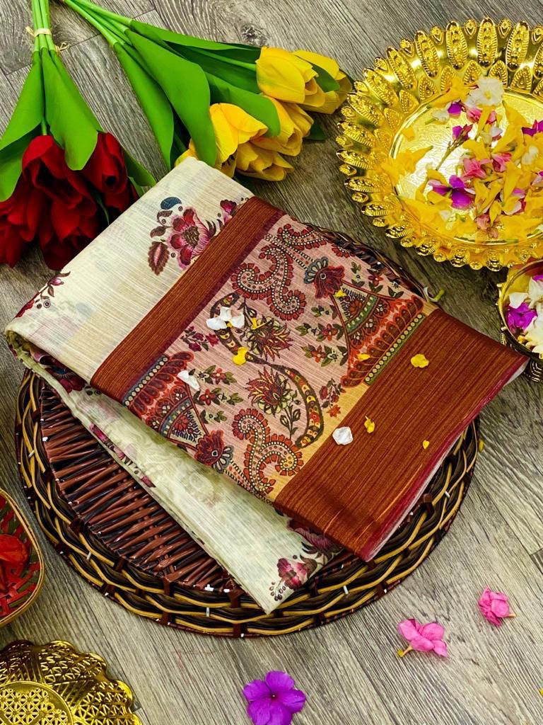 Linen Fabric Kalamkari Digital printed by Icultuer with Zari Border
