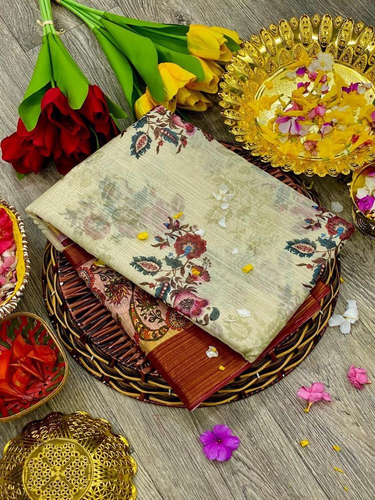 Linen Fabric Kalamkari Digital printed by Icultuer with Zari Border