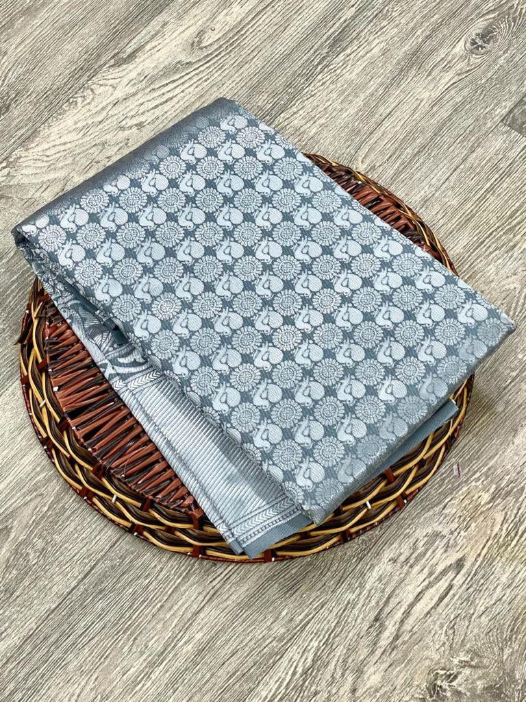 Grey Kanchipuram Soft Silk by Icultuer for Festive Wear