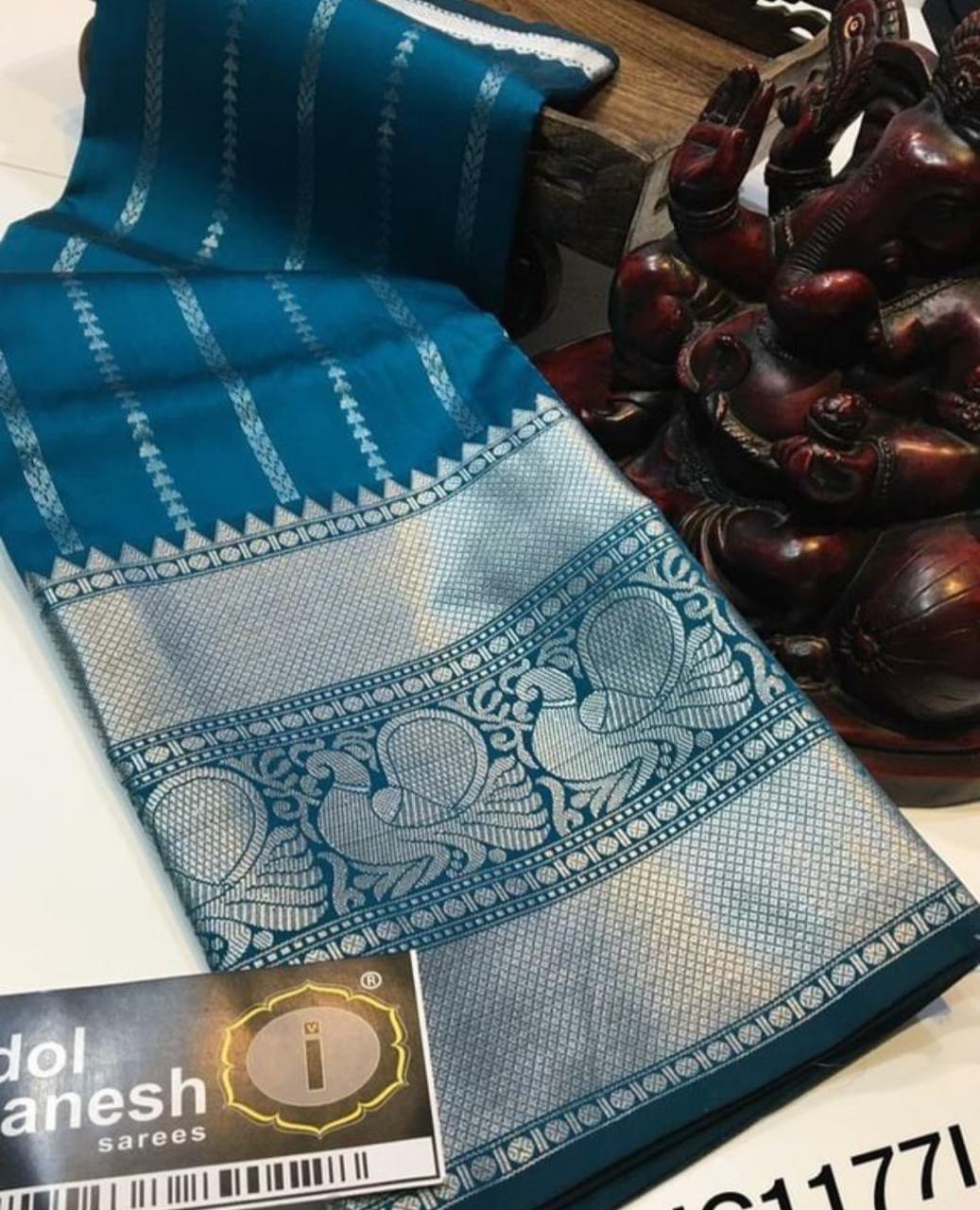 Silver Zari Woven Design Banarasi Jacquard Silk by Icultuer