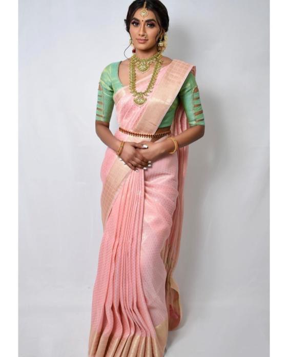 Light Pink Heavy Zari Weaving Soft Silk by Icultuer for Women