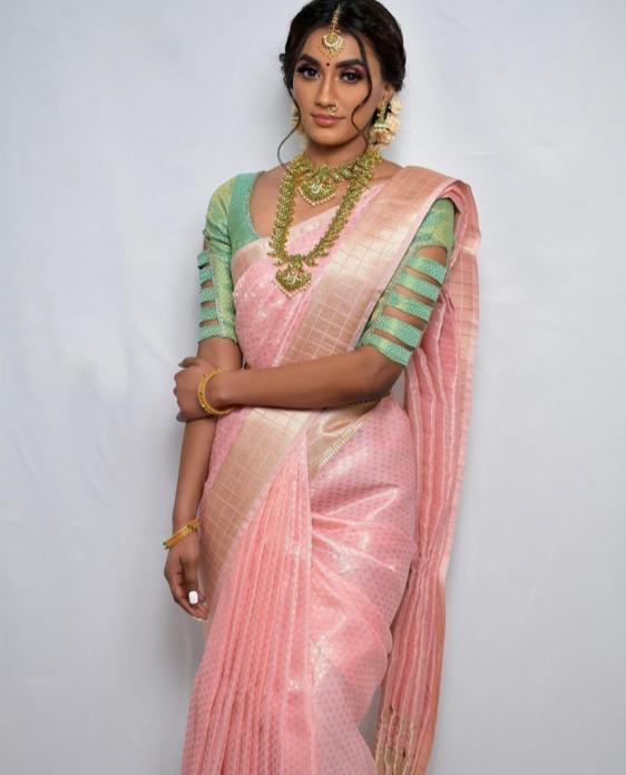 Light Pink Heavy Zari Weaving Soft Silk by Icultuer for Women