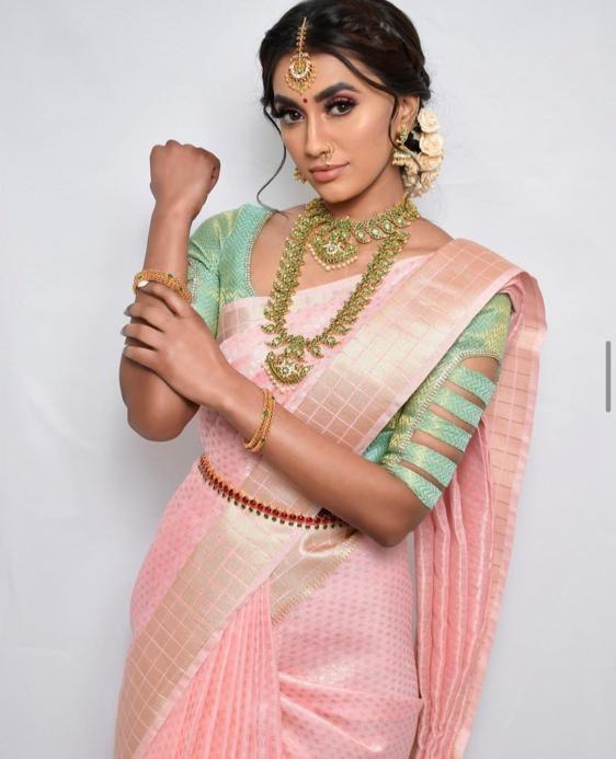 Light Pink Heavy Zari Weaving Soft Silk by Icultuer for Women