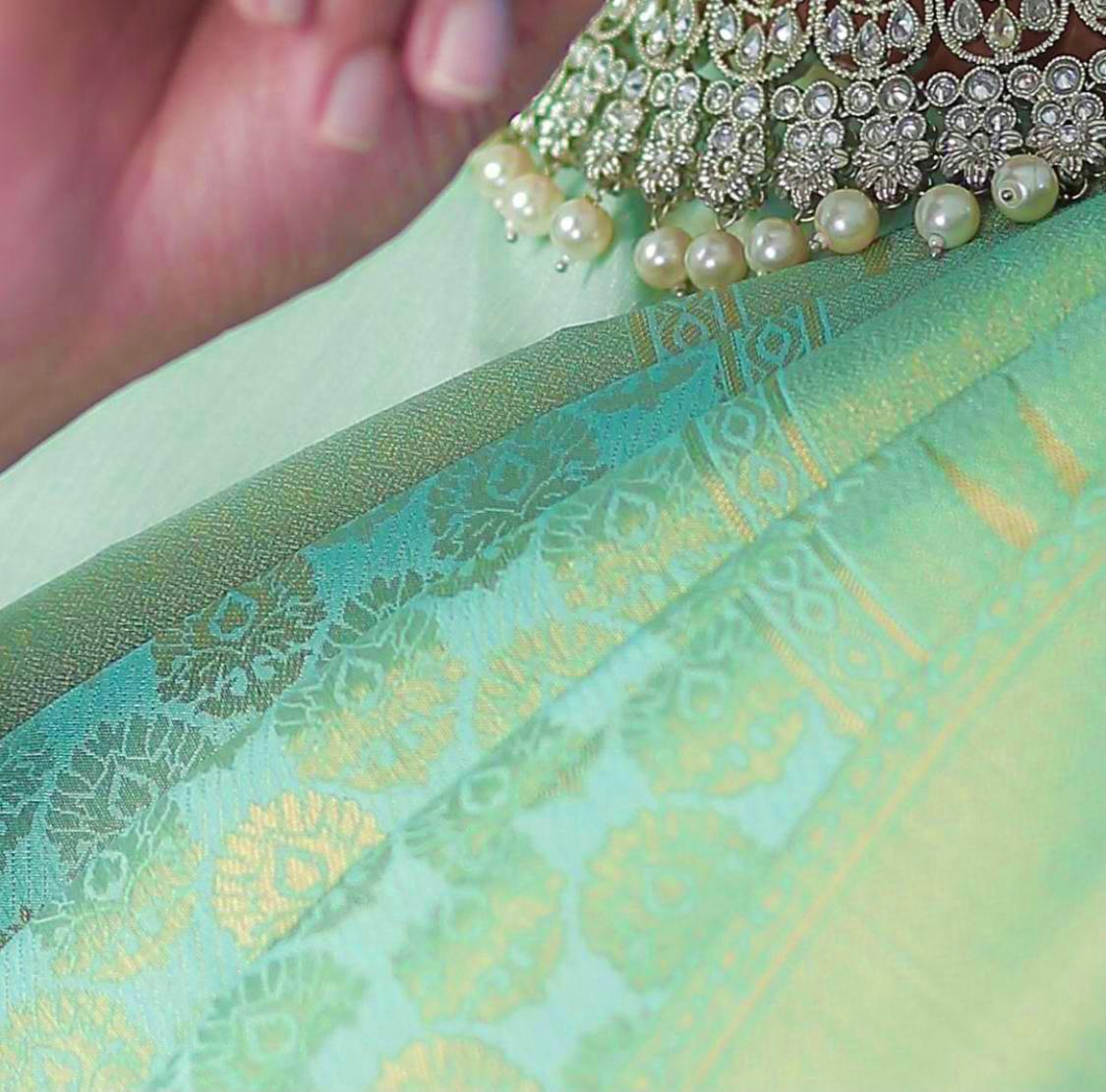 Green Golden Weaving Banarasi Silk Blend Jacquard by Icultuer