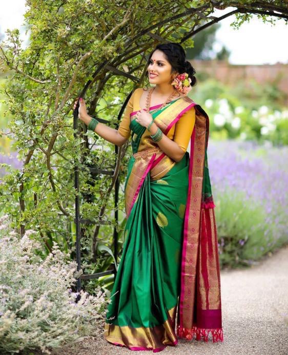Green Soft Lichi Silk Paithani by Icultuer with Golden Zari Weaving