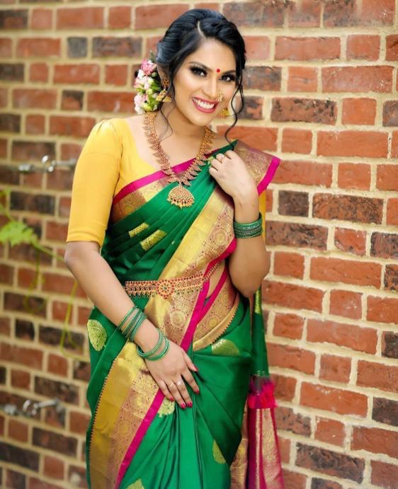 Green Soft Lichi Silk Paithani by Icultuer with Golden Zari Weaving