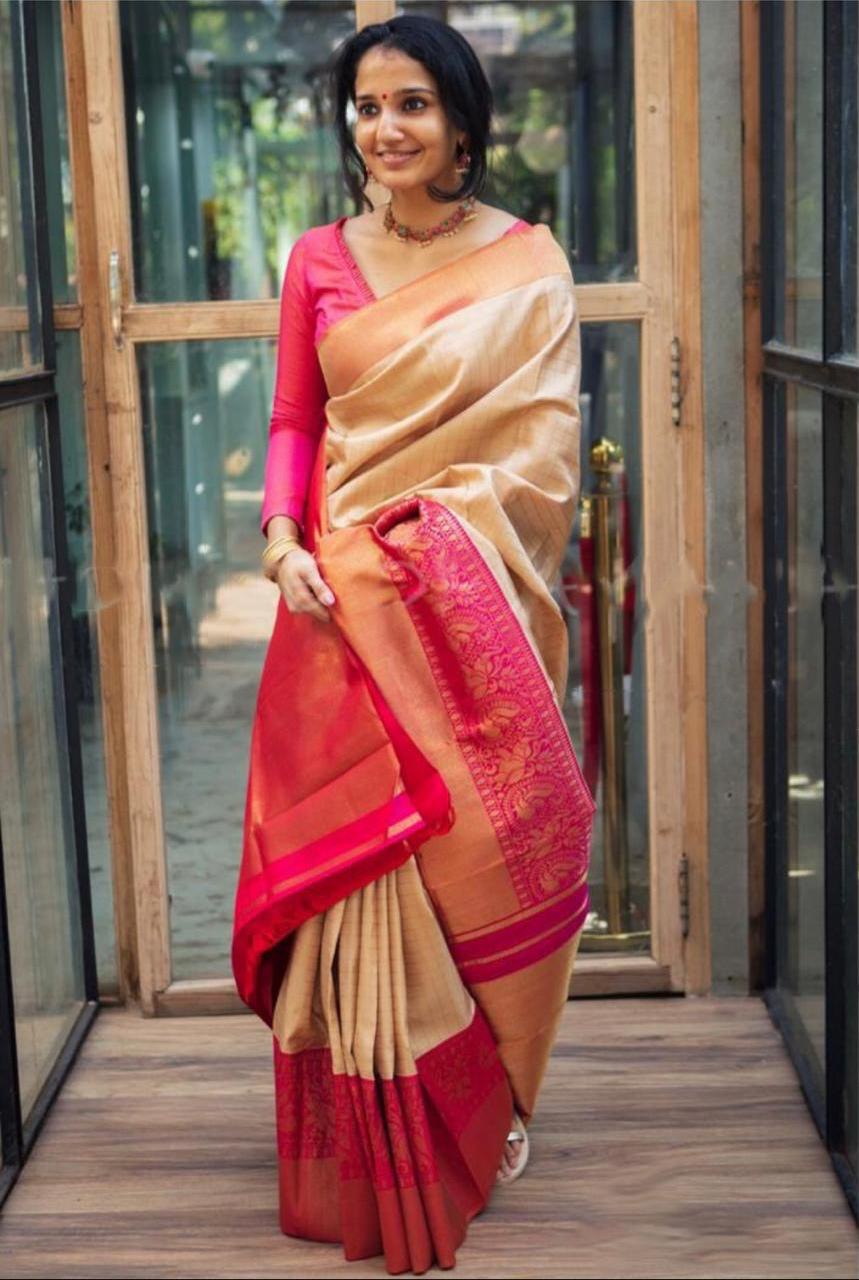 Cream Chex Zari Weaving Soft Silk Banarasi by Icultuer