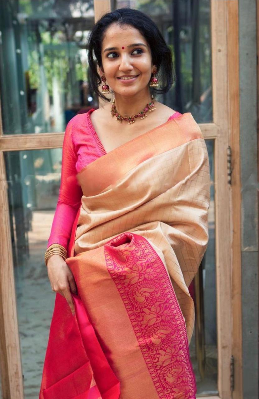 Cream Chex Zari Weaving Soft Silk Banarasi by Icultuer