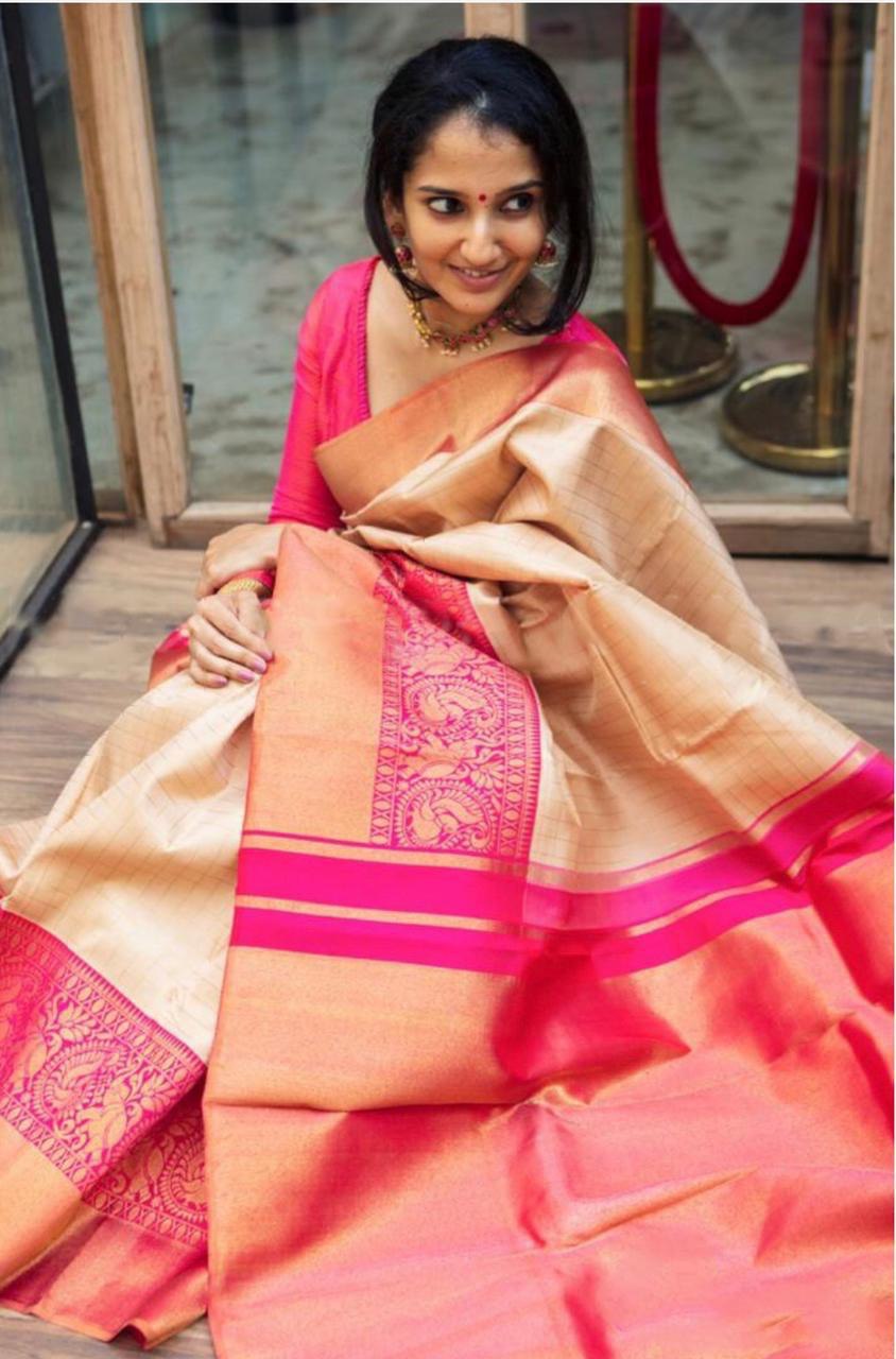 Cream Chex Zari Weaving Soft Silk Banarasi by Icultuer