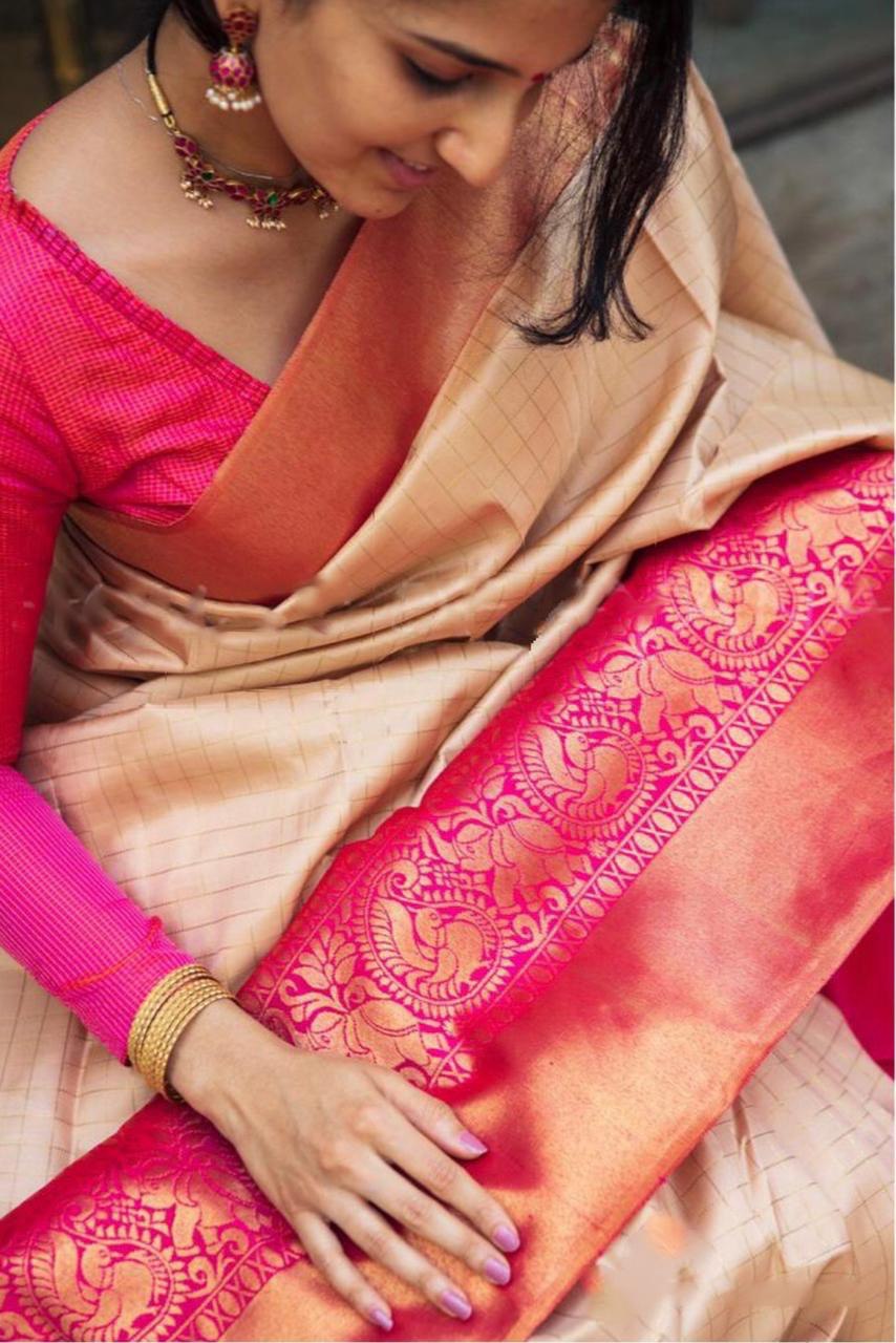 Cream Chex Zari Weaving Soft Silk Banarasi by Icultuer