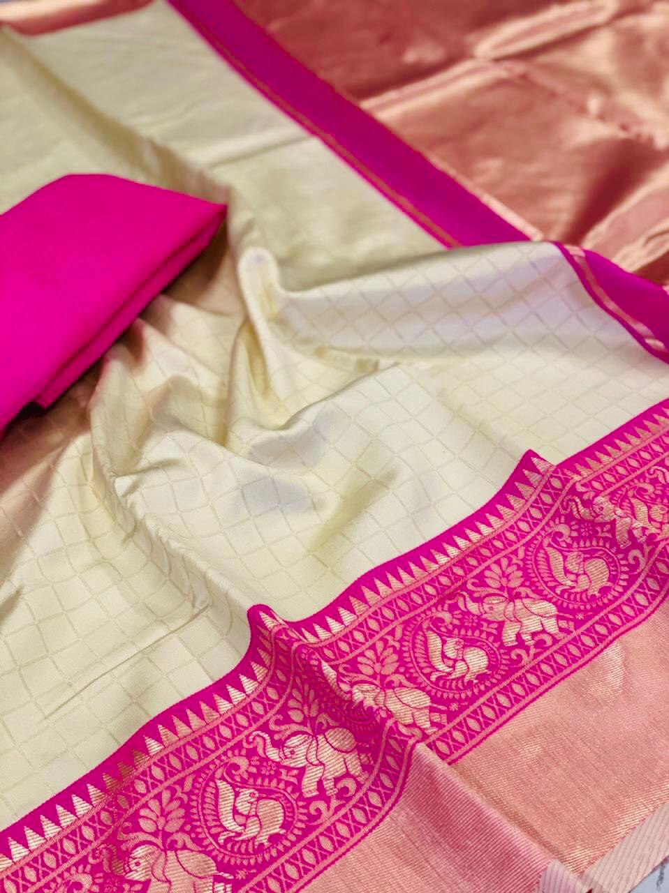 Cream Chex Zari Weaving Soft Silk Banarasi by Icultuer