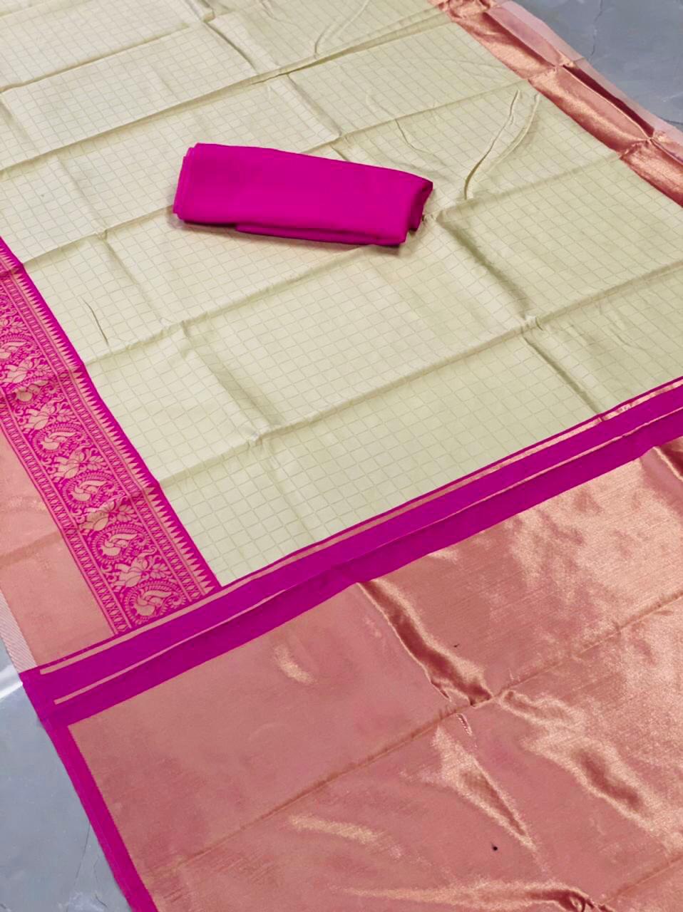 Cream Chex Zari Weaving Soft Silk Banarasi by Icultuer
