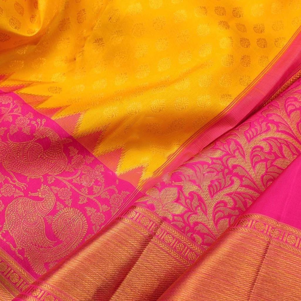 Yellow Jacquard Soft Silk by Icultuer with Peacock Design