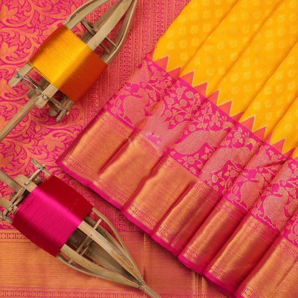 Yellow Jacquard Soft Silk by Icultuer with Peacock Design