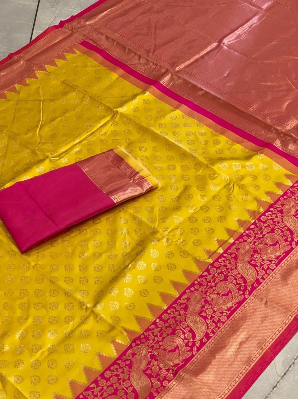 Yellow Jacquard Soft Silk by Icultuer with Peacock Design