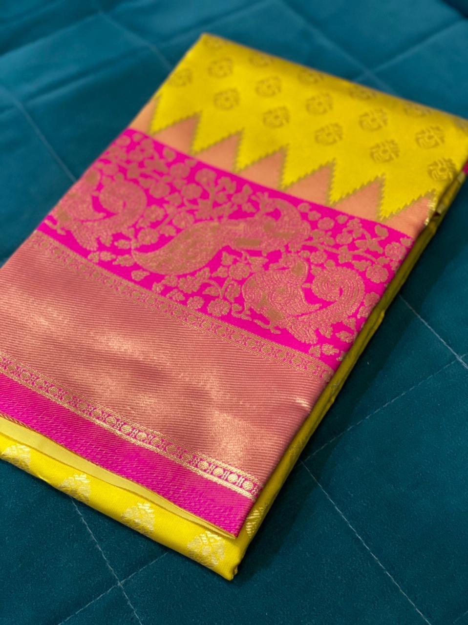 Yellow Jacquard Soft Silk by Icultuer with Peacock Design