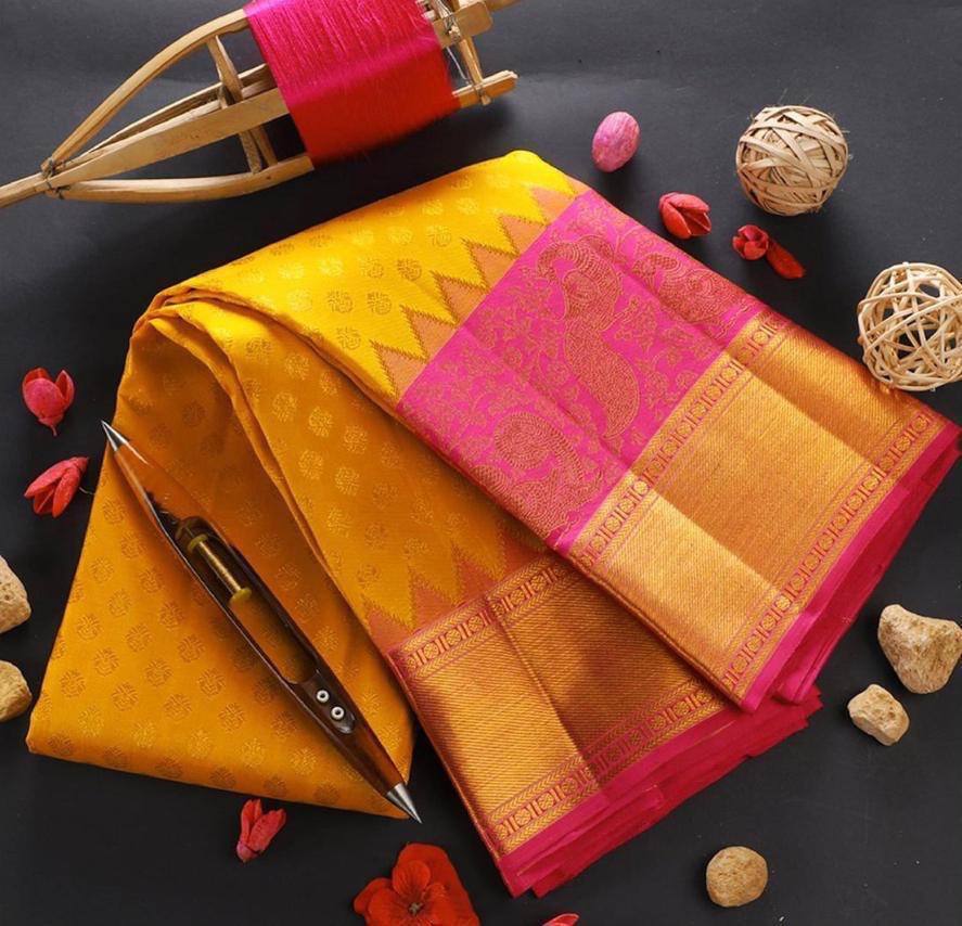 Yellow Jacquard Soft Silk by Icultuer with Peacock Design