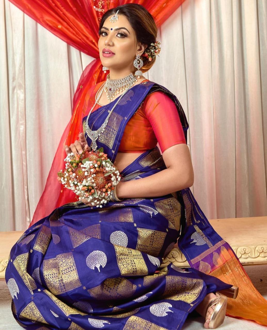 Blue Woven Design Soft Silk Banarasi Jacquard by Icultuer