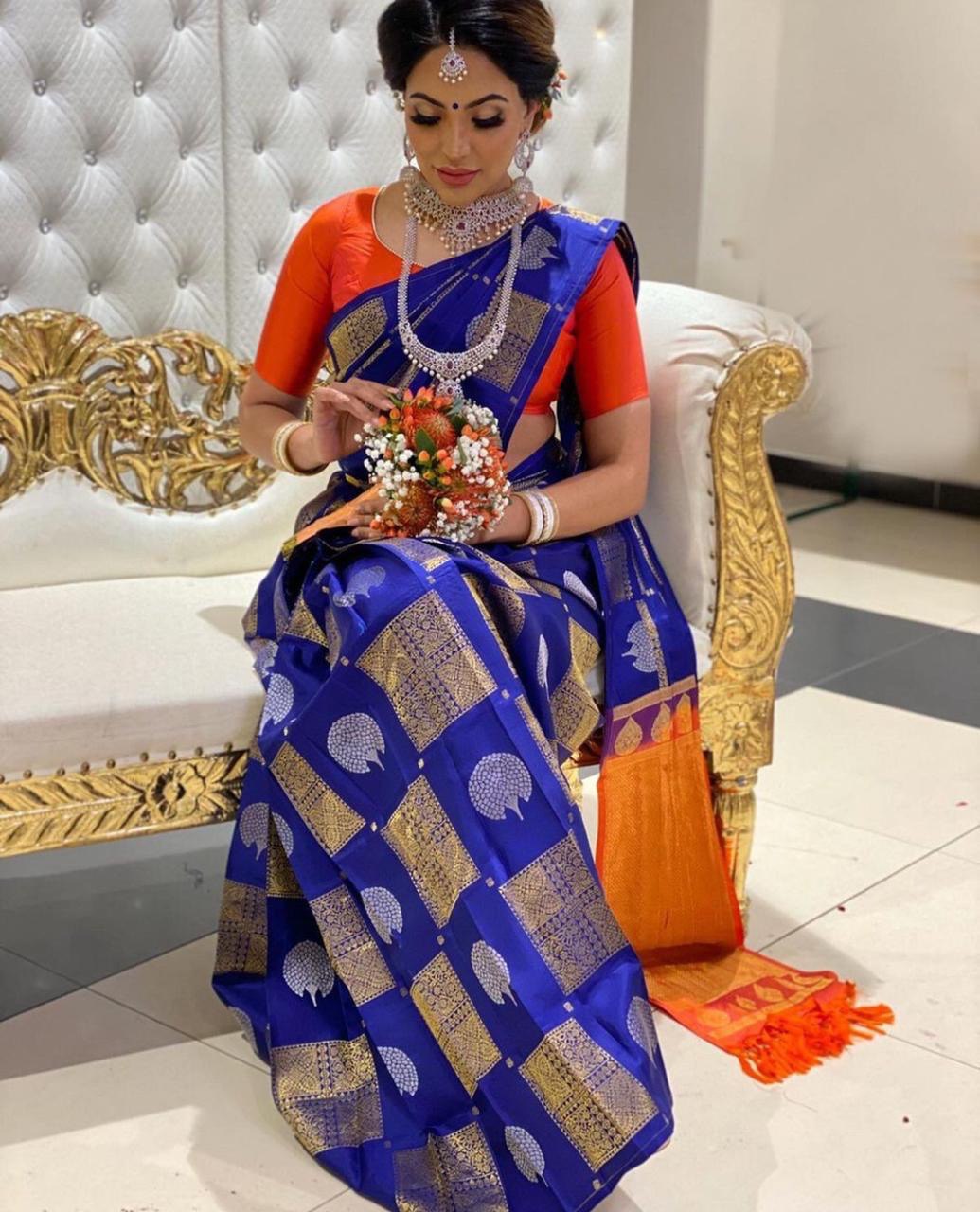 Blue Woven Design Soft Silk Banarasi Jacquard by Icultuer