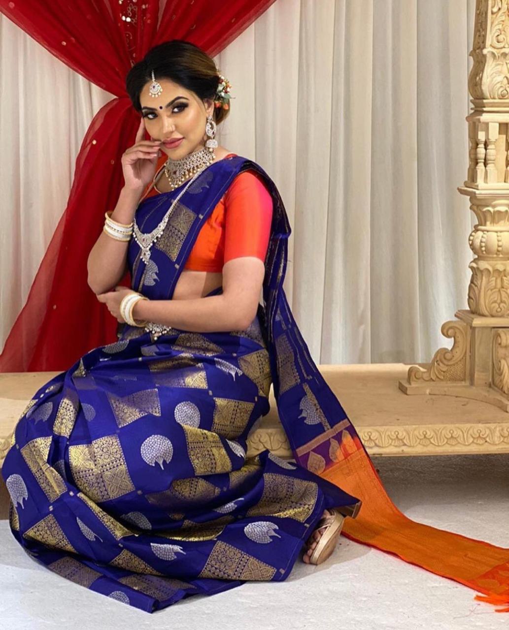 Blue Woven Design Soft Silk Banarasi Jacquard by Icultuer