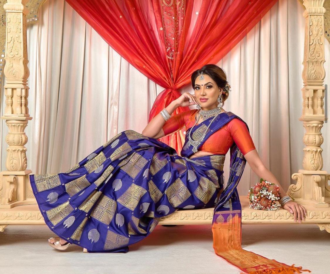 Blue Woven Design Soft Silk Banarasi Jacquard by Icultuer