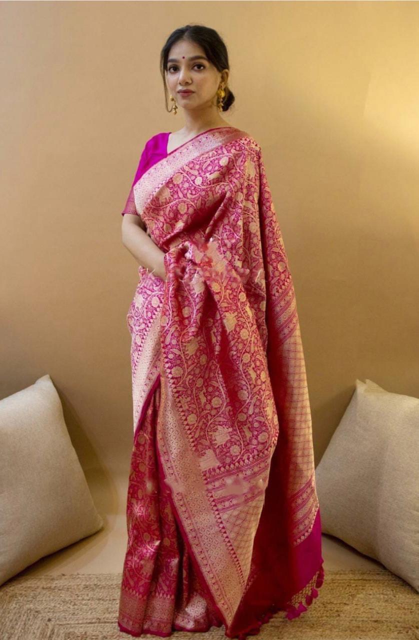 Pink Zari Weaving Soft Lichi Silk by Icultuer with Jacquard Work