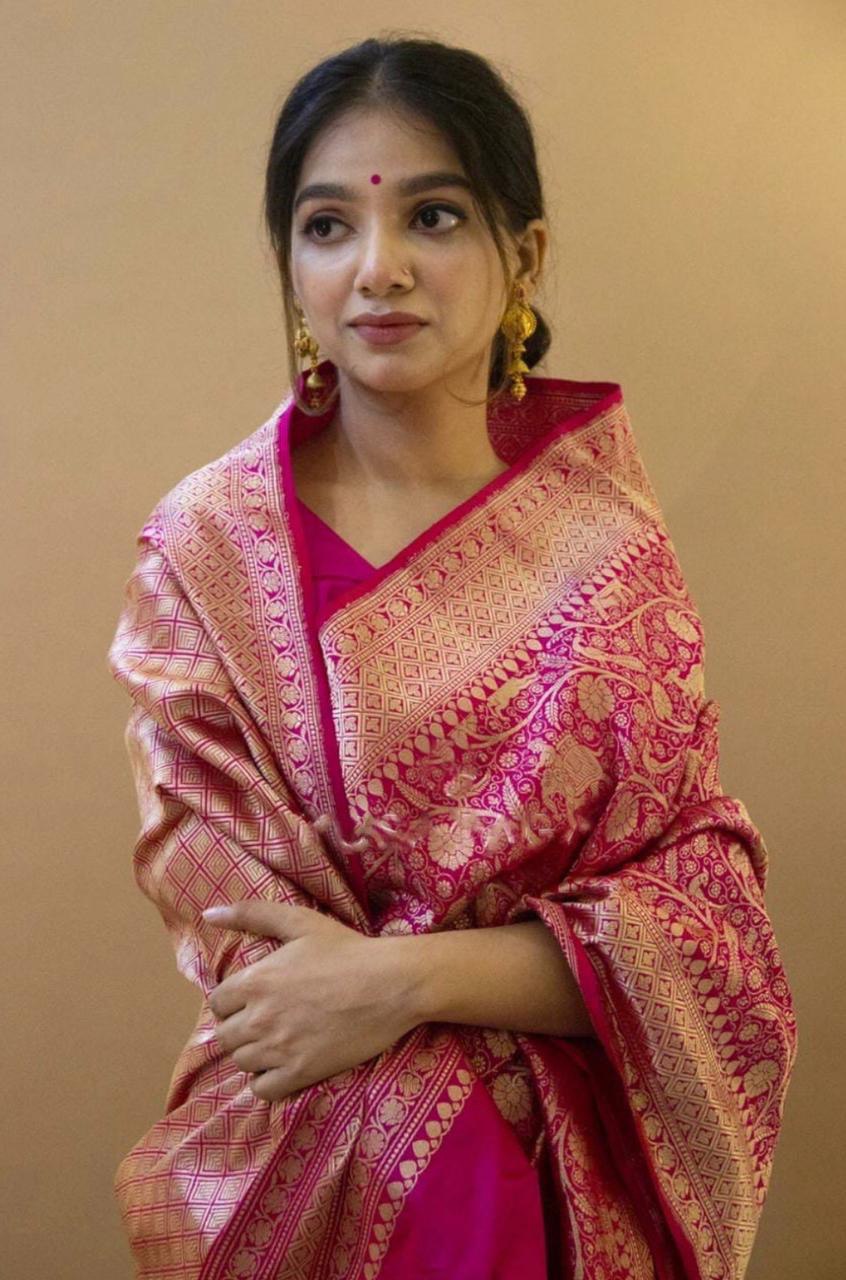 Pink Zari Weaving Soft Lichi Silk by Icultuer with Jacquard Work