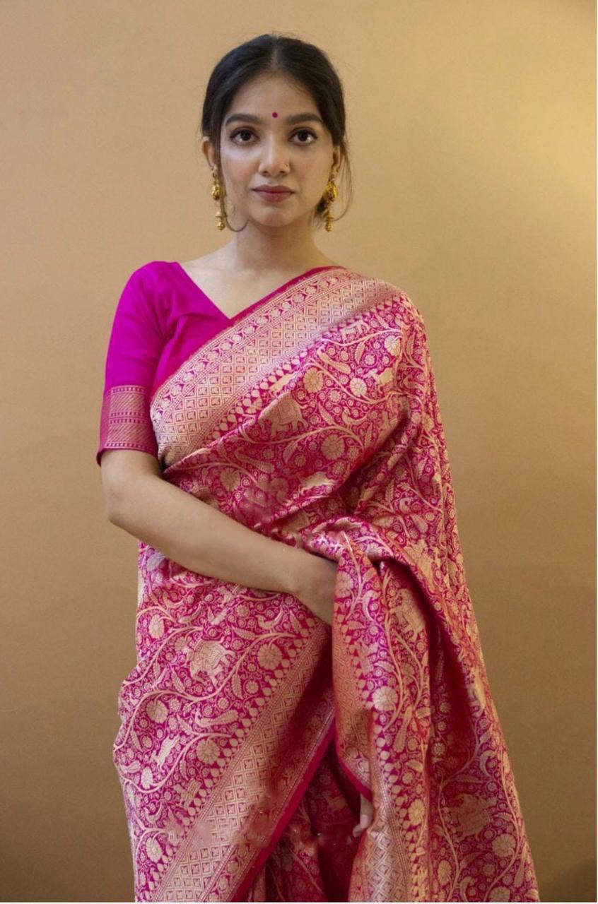 Pink Zari Weaving Soft Lichi Silk by Icultuer with Jacquard Work