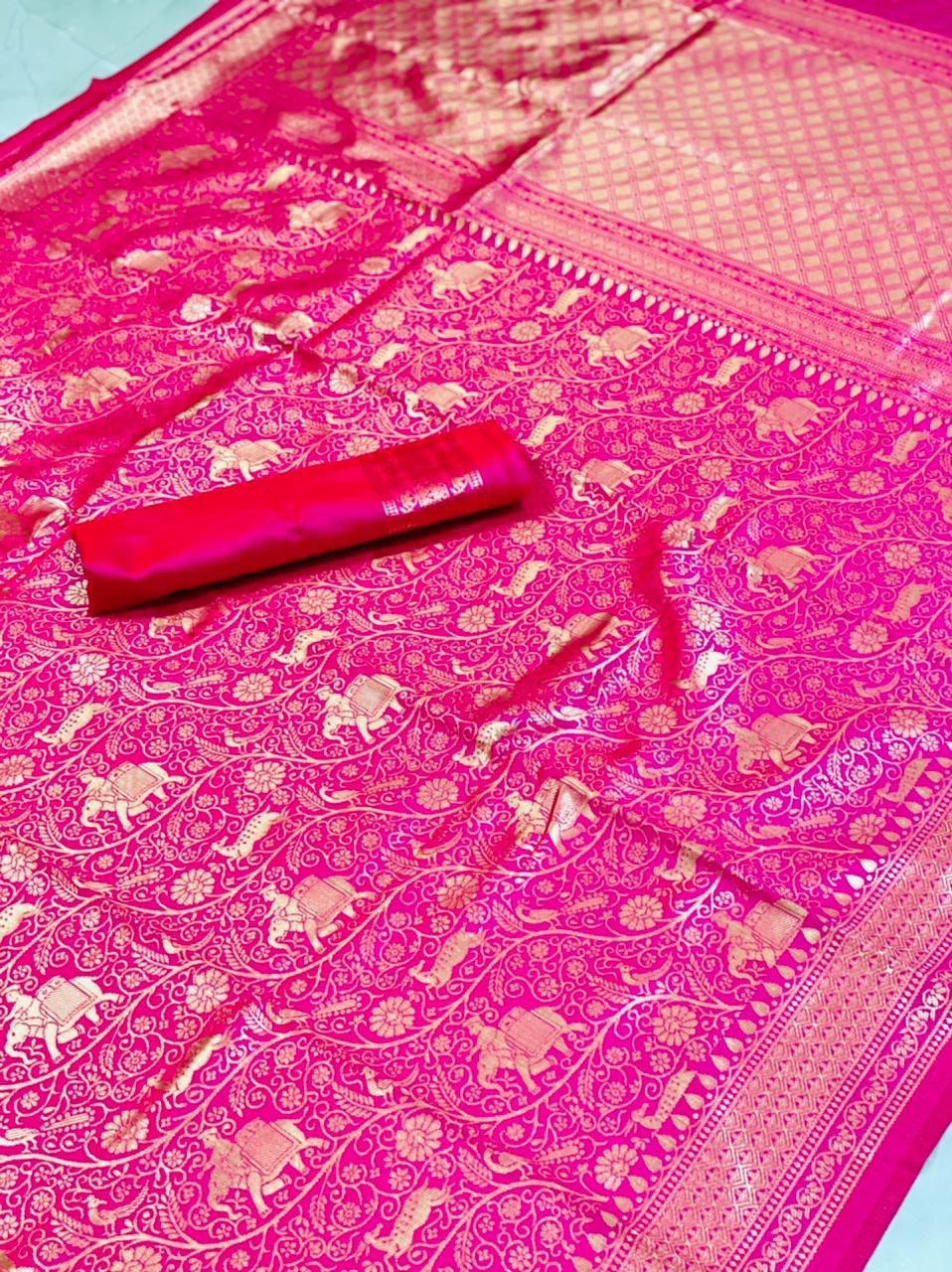 Pink Zari Weaving Soft Lichi Silk by Icultuer with Jacquard Work