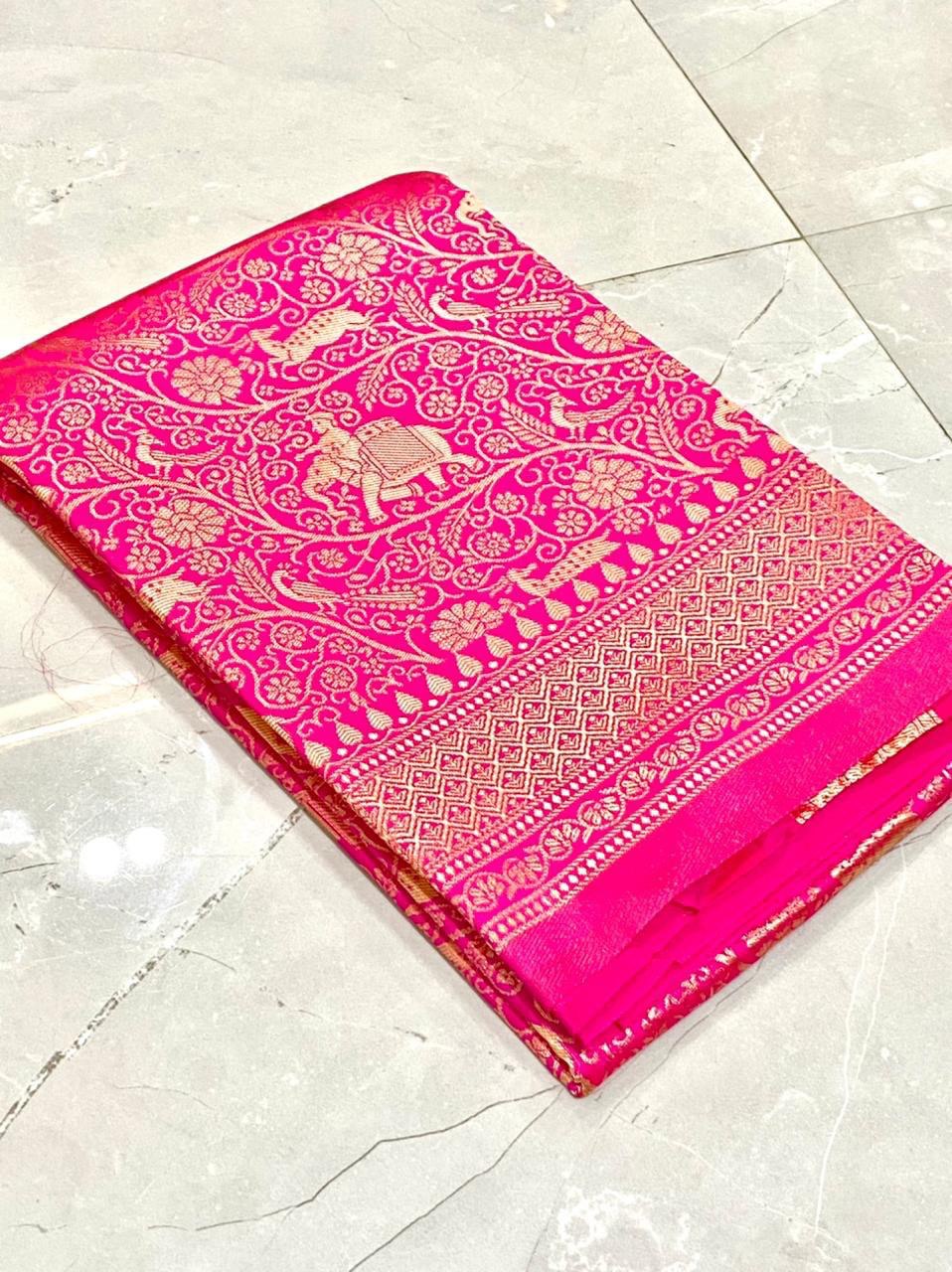 Pink Zari Weaving Soft Lichi Silk by Icultuer with Jacquard Work