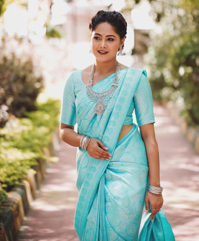 Light Blue Zari Woven Dharmavaram Jacquard Soft Silk by Icultuer