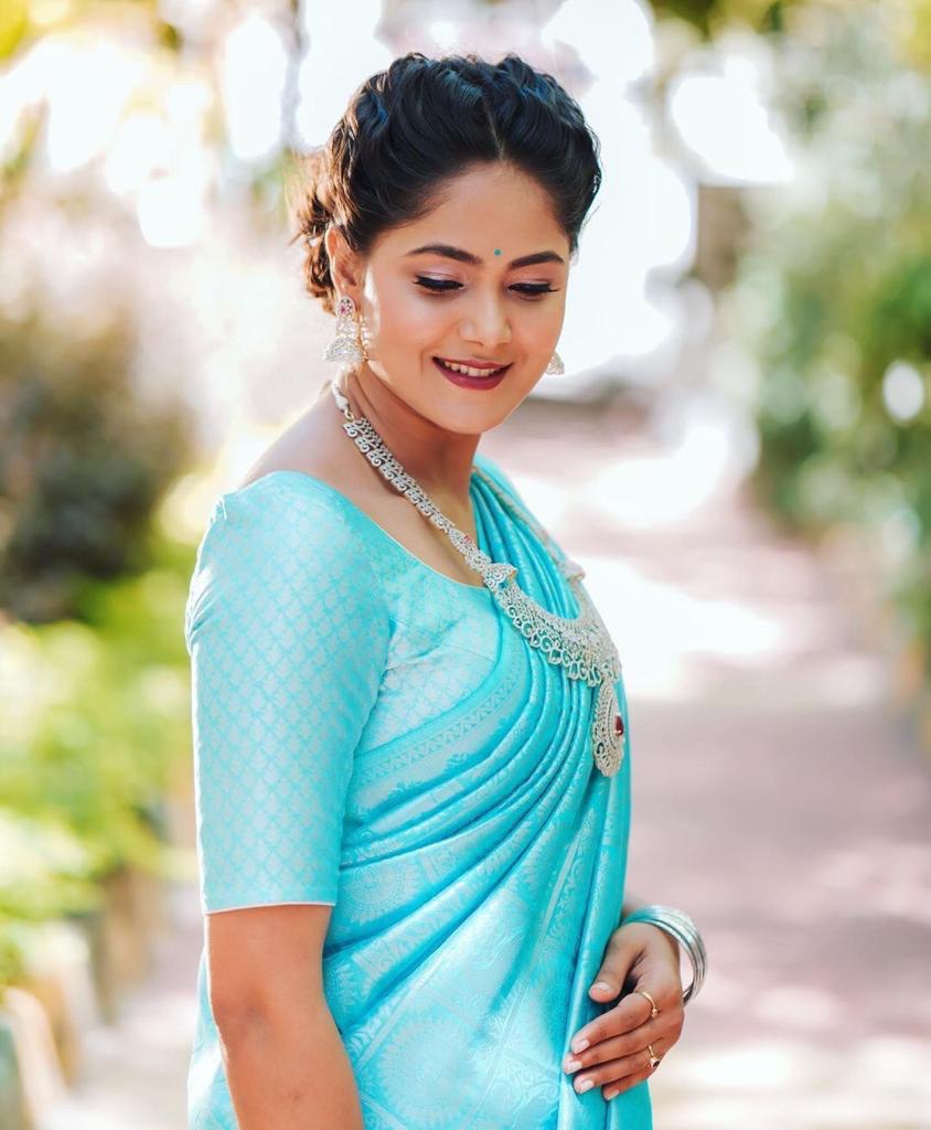 Light Blue Zari Woven Dharmavaram Jacquard Soft Silk by Icultuer