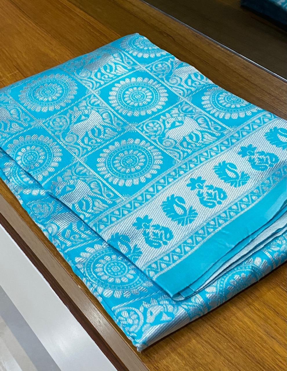 Light Blue Zari Woven Dharmavaram Jacquard Soft Silk by Icultuer